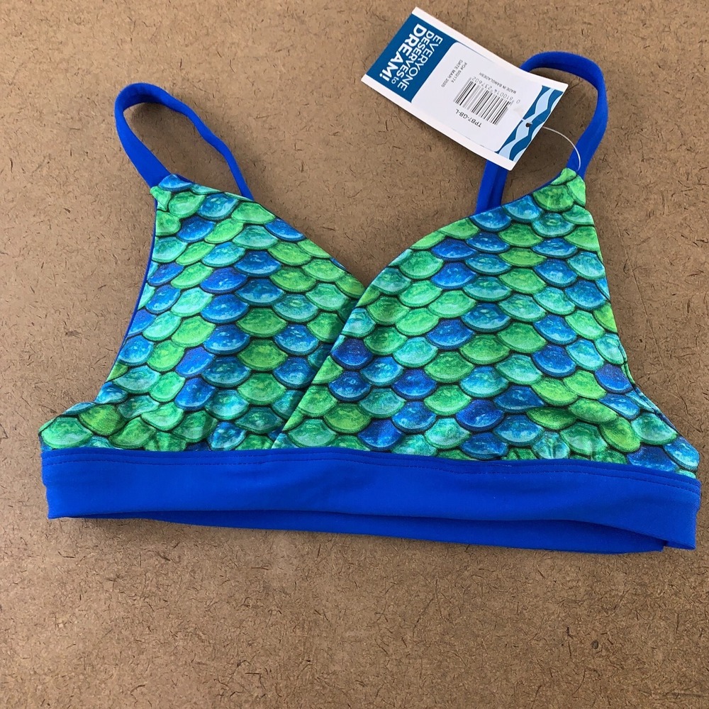 Fin Fun Girls Size Large Aussie Green Blue Reversible Bikini Top NWT